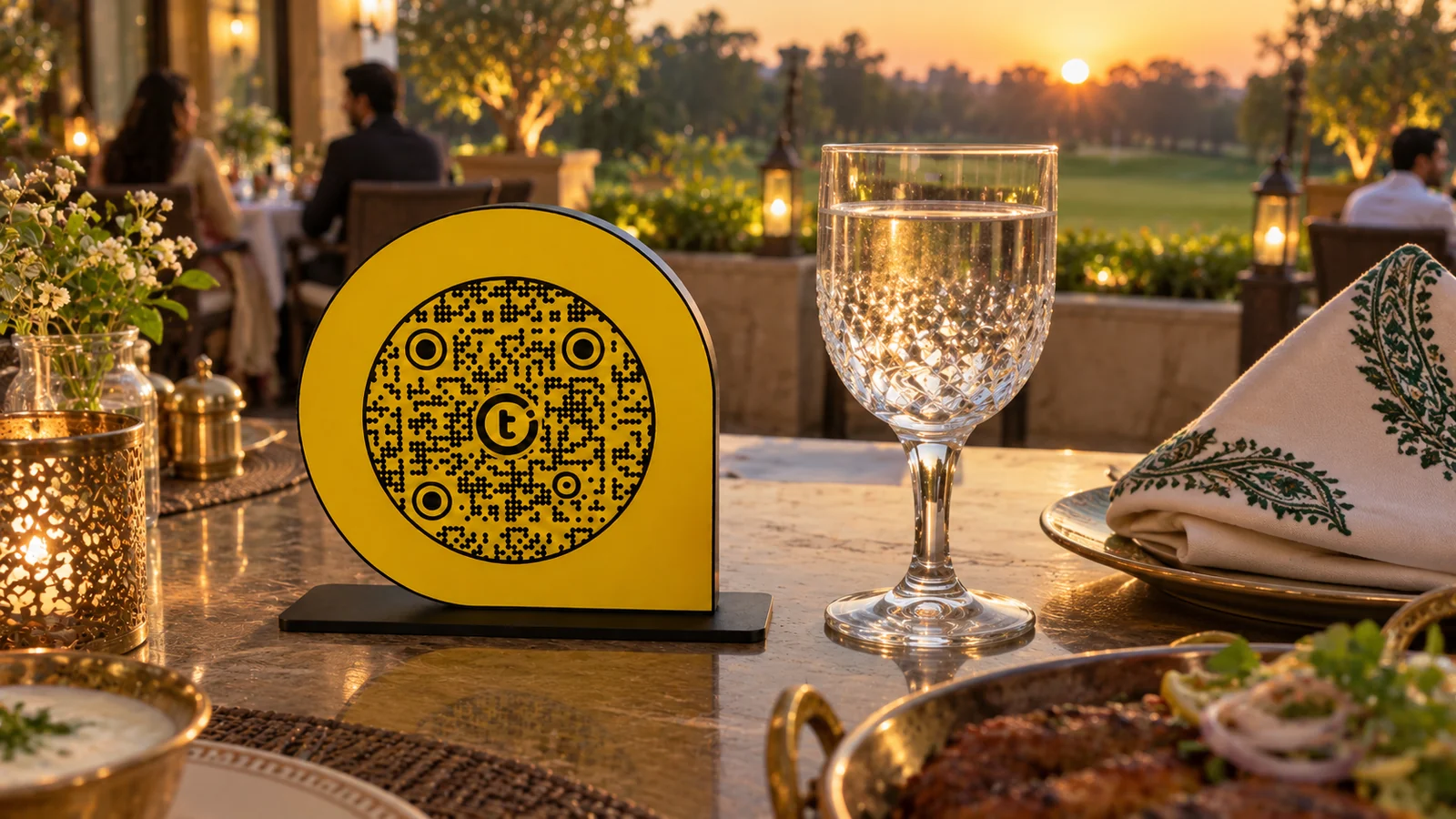 ScanPoint beside a water glass in a restaurant terrace product visualization