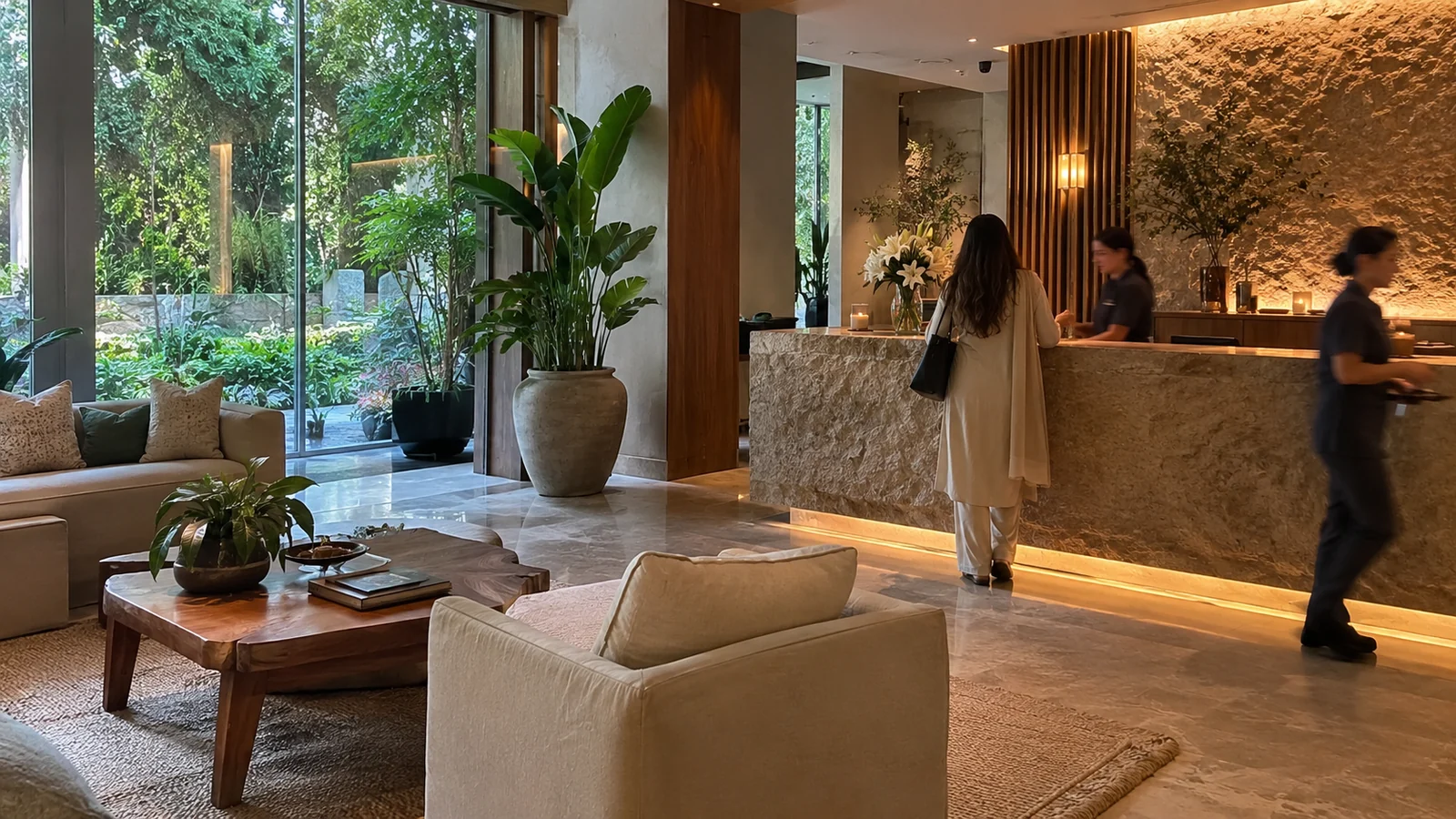 Islamabad spa reception concept with soft daylight, garden views and a welcoming lounge.