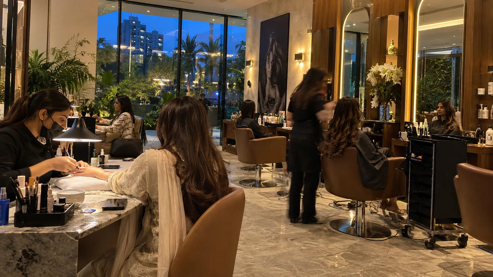 Karachi beauty salon concept with evening light, styling stations and softly blurred team members.