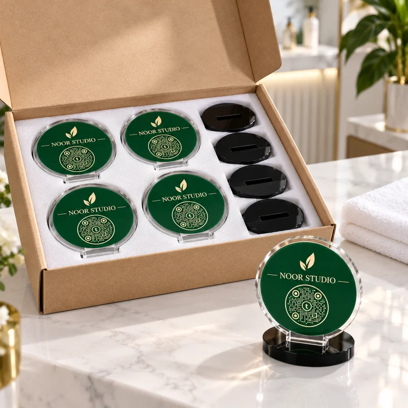 Circular GolTap pieces and black acrylic bases in fitted foam inside a cardboard box; product visualization.
