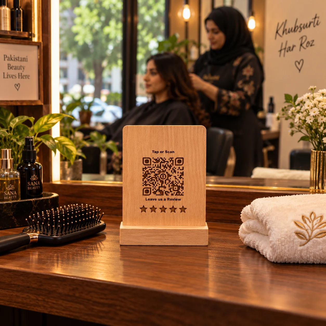 Warm wood. Personal care. Salon product visualization.